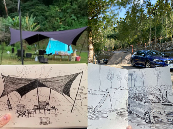 露營時畫的速寫。有天幕及帳篷還有一台藍色速霸陸